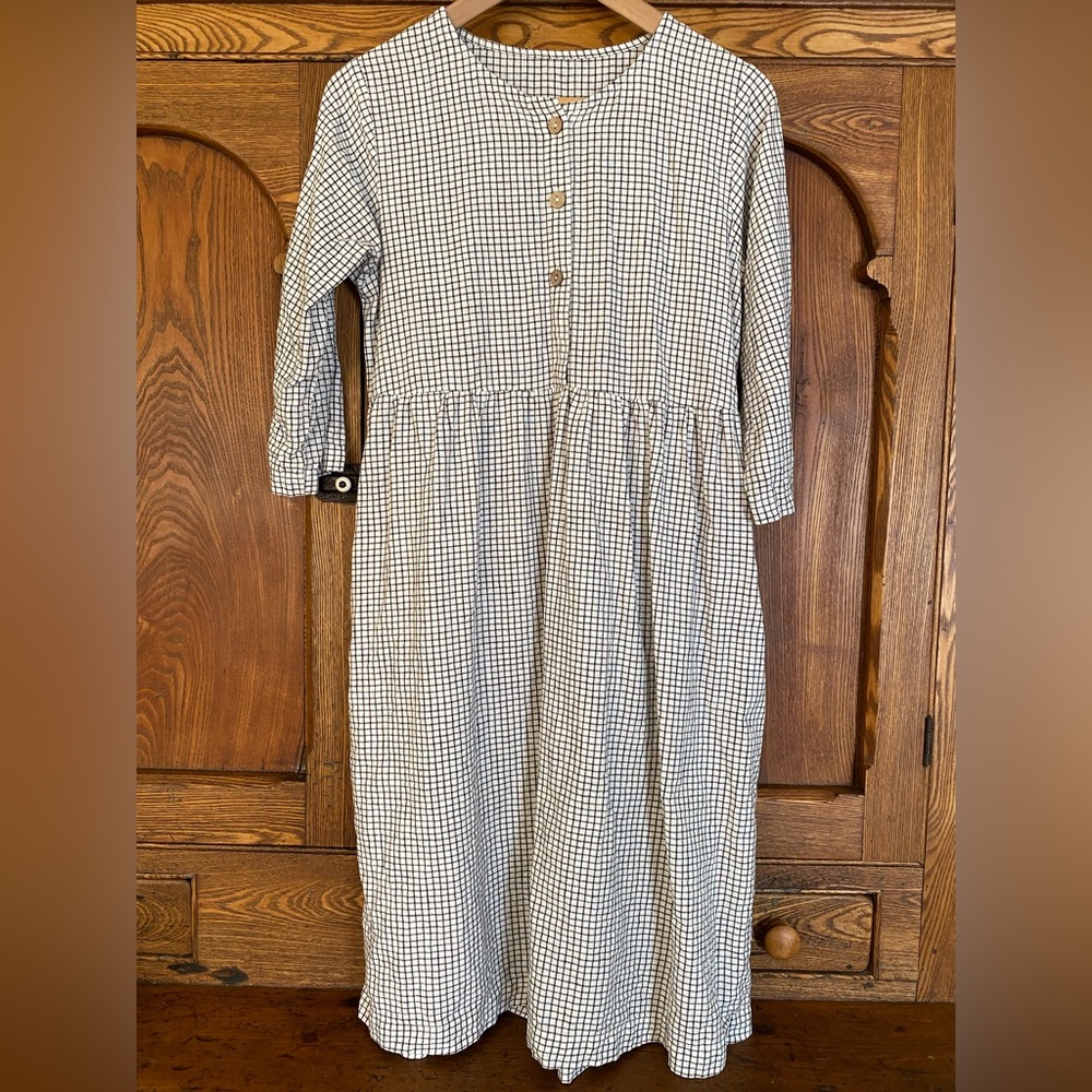 Linen dress white gray windowpane check XS S not perfect rough linen Pyne Smith